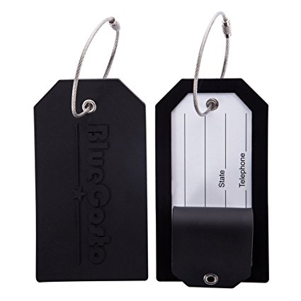 BlueCosto Luggage Tags Suitcase Labels w/ Privacy Cover Steel Loops - Set of 2