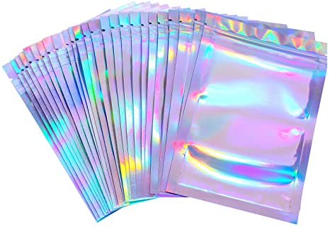 100 Pieces Resealable Smell Proof Bags Foil Pouch Bag Flat Ziplock Bag for Party Favor Food Storage (Holographic Color, 7 x 9 Inches)