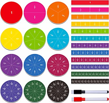 SpriteGru 175 Pcs Magnetic Rainbow Fraction Tiles Circles and Strips,2 Markers，Math Learning Educational Tool for Preschool Elementary School