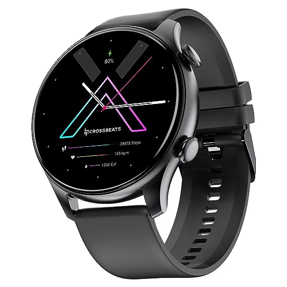 CrossBeats Apex Regal 1.43" Super AMOLED Always On Display Smart Watch with Bluetooth Calling, in-Built Games, Metal Body, Fast Charge, 466×466 Pixel 3D Glass, AOD Display (Silicone Strap, Black)