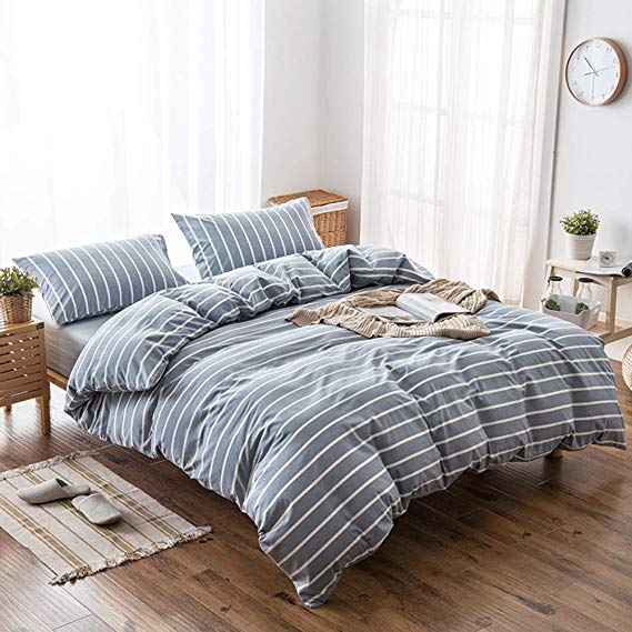 DOUH Blue Striped Duvet Cover Set, 100% Washed Cotton Duvet Cover Queen, 3 Piece Comforter Cover (1 Duvet Cover + 2 Pillow Shams),Ultra Soft and Easy Care,Simple Style Striped Bedding Sets