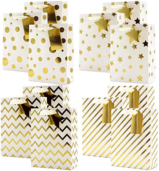 UNIQOOO Gold Metallic Christmas Gift Bags Bulk, Polkadots Stars w/Gift Tag for Thanksgiving Holiday Presents Wrapping Stocking Stuffers New Year Party Favor Celebration,Large 12½ x10½x4 Inch