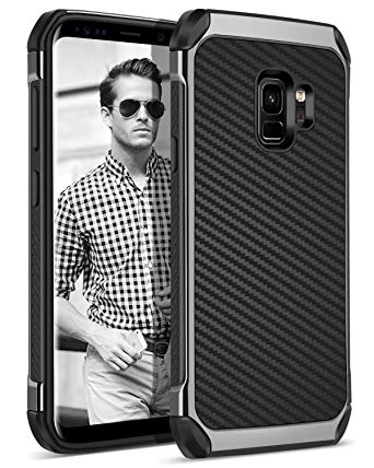 Galaxy S9 Case, BENTOBEN Protective Phone Cases for Samsung Galaxy S9 Slim 2 in 1 Dual Layer Hybrid Hard PC Cover Laminated with Carbon Fiber Faux Leather Soft TPU Bumper Shockproof for Men, Black