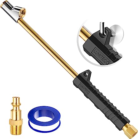 LUMITECO 12" Extended Reach Dual Head Air Chuck, 2-Way Connection 1/4" FNPT Straight Foot Lock On Tire Inflate Chuck, Tire Chuck w/Quick Plug, Air Compressor Fill Kit for Truck RV Semi Dually Tires