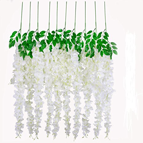 Beelu Artificial Silk White Wisteria Vine Ratta Hanging Flower | Real Looking Plants Decoration For DIY Wedding Receptions,Arches,Garlands,Dining Table Centrepieces,Graduation & Birthday Parties 5PCS