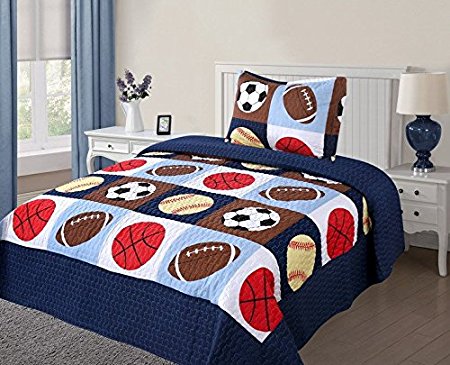 Twin Size 2 Pcs Quilt Bedspread Set Kids Sports Basketball Football Baseball Boys Girls