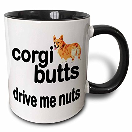 3dRose Corgi Butts Drive Me Nuts Two Tone Black Mug, 11 oz, Black/White