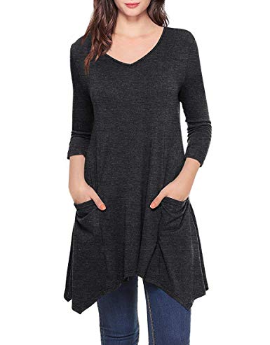 She's Style Women's Cotton 3/4 Sleeve V Neck A-Line Tunic Blouse Tops with Pockets