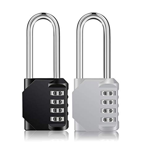 Long Shackle Padlock 2 Pack Long Combination Lock, 4 Digit Combination Lock, Resettable Weatherproof Combo Lock for School, Gym & Employee Locker, Outdoor, Fence（Black and Sliver）