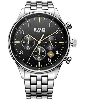 BUREI Mens BM-7006-54EG Date Multifunction Chronograph Stainless Steel Black Waterproof Watch