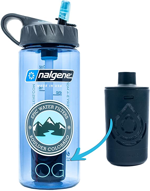 Epic Nalgene OG | Water Bottle with Filter | USA Made Bottle and Filter | Dishwasher Safe | Filtered Water Bottle | Travel Water Bottle | BPA Free Water Bottle | Removes 99.99% Tap Water Impurities (20 Ounce, Slate Blue)