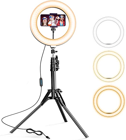 JUSTSTONE Selfie Ring Light with Tripod Stand and Phone Holder/Bluetooth Remote[3 Light Modes][Rechargeable],Adjustable Brightness Ring Light for Live Stream YouTube Video Vlog TIK Tok Photography