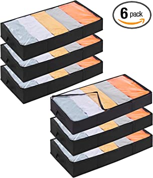 Lifewit Under Bed Storage Bag Organizer with Reinforced Handle Thick Fabric Clear Window Large Capacity Foldable Underbed Storage Container for Clothes Blankets Set of 6 Organization and Storage, Black