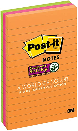 Post-it Super Sticky Notes, 4 in x 6 in, 3 Pads, 2x the Sticking Power, Rio de Janerio Collection, Bright Colors (Orange, Pink, Blue, Green),Recyclable (660-3SSUC)