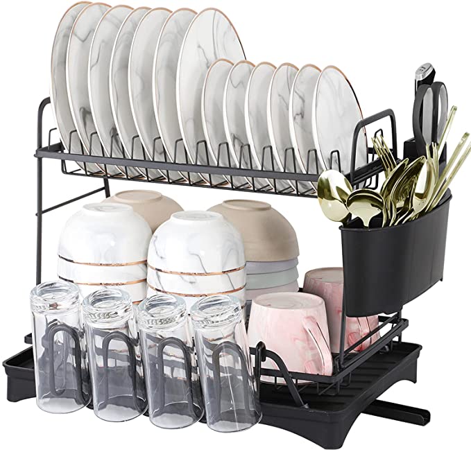 Dish Drying Rack with Drainboard, 2 Tier Stainless Steel Rustproof Dish Rack, Large Space Utensil Holder Organizer Shelf with Adjustable Swivel Spout Drainer for Kitchen Counter