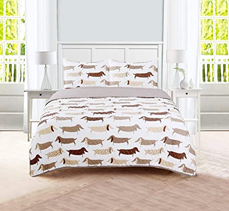 Sleeping Partners Dachshund Dogs Animal Quilt Set, Full/Queen, Taupe