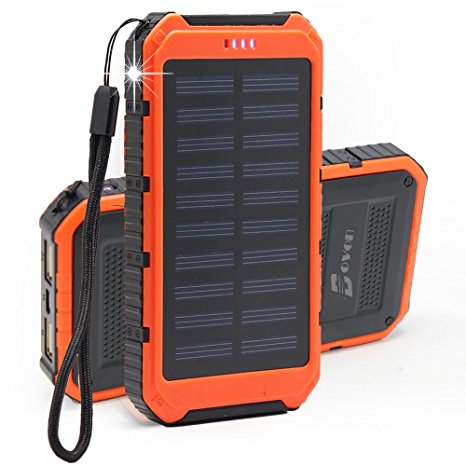 Solar Charger, Bovon 10000mAh Dual USB Power Bank Rain-Resistant Shockproof Portable External Backup Battery Pack with LED Light for Emergency Outdoor Camping Travel - Orange