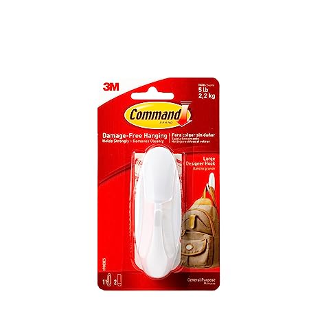 Command Designer 1 Hook and 2 Strips, Large Hooks, Damage Free Walls, Holds Strong, Self Adhesive, Holds 2.2kg,White
