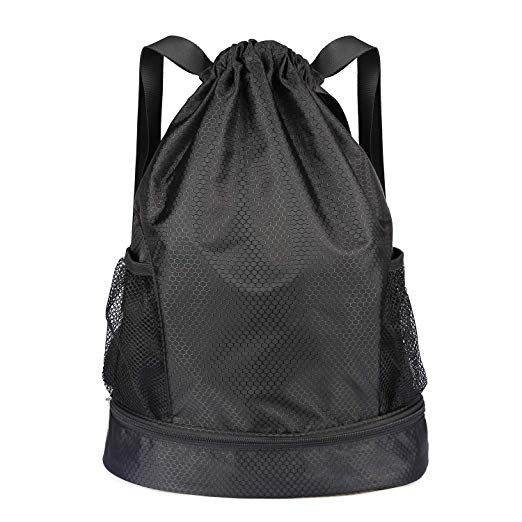 DAJIABUY Drawstring Bag Waterproof Sport Foldable Gymsack Drawstring Backpack (Black)