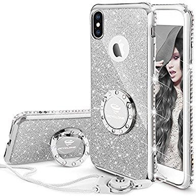 iPhone X Case, iPhone 10 Case, Glitter Cute Phone Case Girls with Kickstand, Bling Diamond Rhinestone Bumper Ring Stand Sparkly Luxury Clear Thin Soft Protective iPhone X Case for Girl Women - Silver