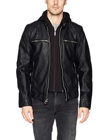 GUESS Men's Faux Leather Hooded Moto Jacket