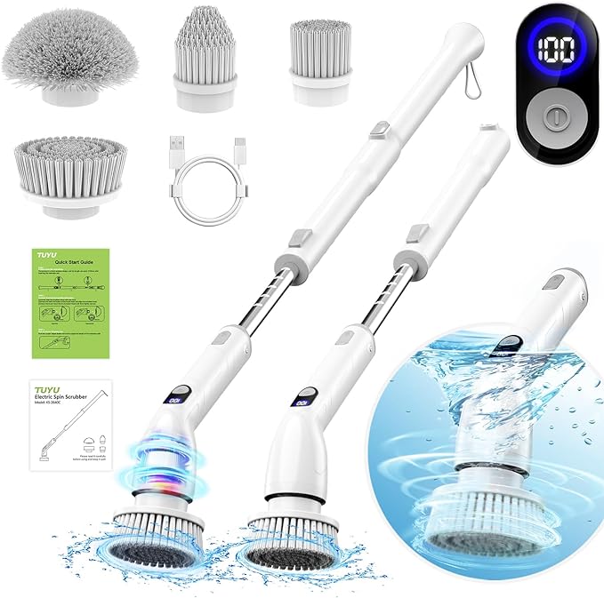 TUYU Electric Spin Scrubber, 2024 New Full-Body IPX7 Waterproof Bathroom Scrubbe with Power LCD Display, Adjustable Extension Handle, Cordless Electric Cleaning Brush for Bathroom, Kitchen Cleaning