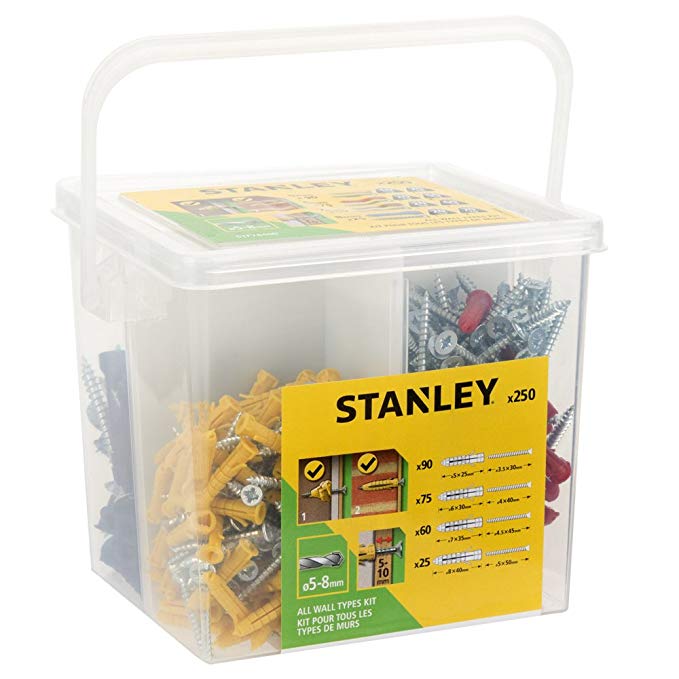 Stanley Universal DIY Screw Set All Wall Types Kit Universals Wall Plugs and Screws 5mm, 6mm, 7mm and 8mm (250 Pieces)