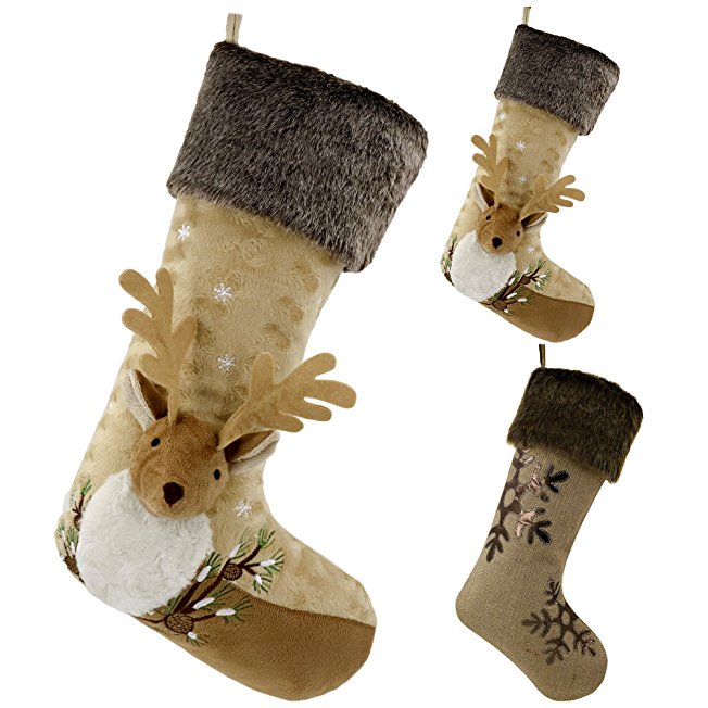 Valery Madelyn 21 Inch Woodland Velvet Christmas Stocking, 3D Reindeer and Embroidery Design with Plush cuff,Themed with Tree Skirt(Not Included)