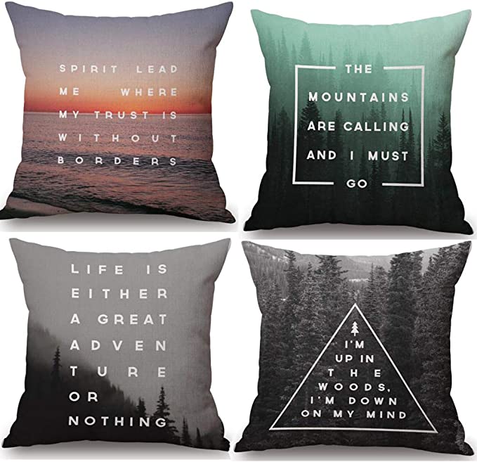 Set Of 4 Forest Mountain Life Is Either A Great Adven Ture Or Nothing The Mountains Are Calling And I Must Go Cotton Linen Throw Pillow Case Cushion Cover Home Sofa Decorative 18 X 18 Inch (47)