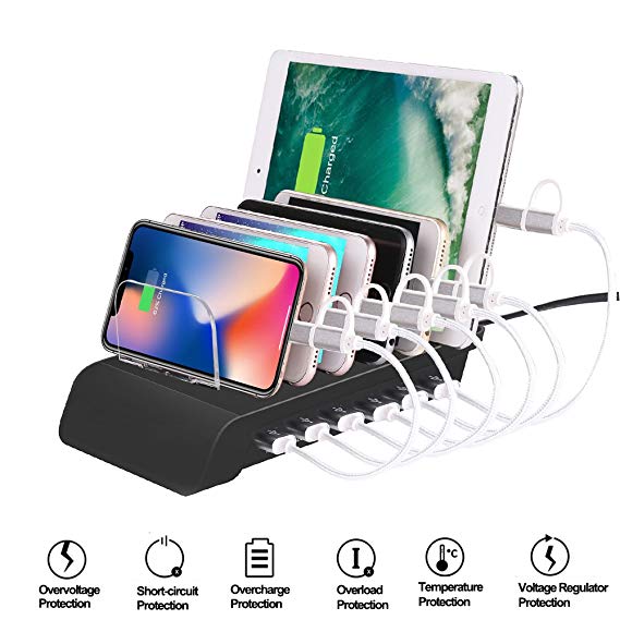 MroTech 6 Port USB Multi Device Charging Dock Station Universal Fast Charger Stand Desktop Organizer for Apple iPhone iPad kindle Tablet Android and Type C charged - Black