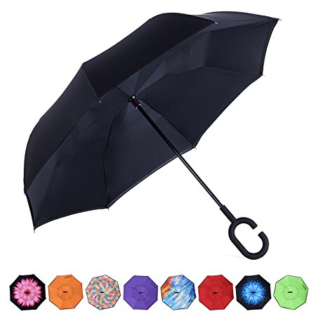 AmaGo Inverted Umbrella – Reverse Double Layer Long Umbrella, C-Shape Handle & Self-Stand to Spare Hands, Inside-Out Fold to Keep Cars & Drivers Dry, Carrying Bag for Easy Traveling (Black)