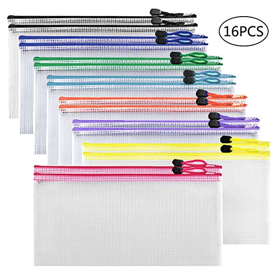 JPSOR Zipper File Bags, 16pcs 8 Color PVC Mesh Document Pouches Bills Bag Pencil Case, Office Supplies, Travel Storage Bags