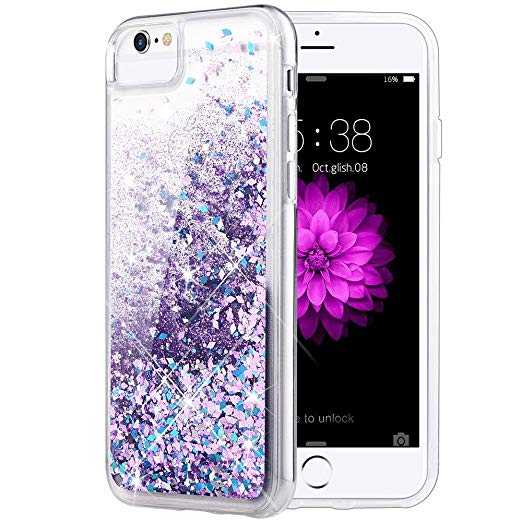 iPhone 6/6S/7/8 Case, Caka iPhone 6S Glitter Case [with Tempered Glass Screen Protector] Bling Flowing Floating Luxury Glitter Sparkle TPU Bumper Liquid Case for iPhone 6/6S/7/8 (4.7") - (BluePurple)