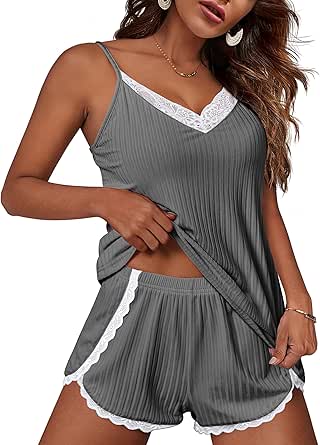 Ekouaer Womens Pajama Sets Soft Lingerie Sleepwear 2 Piece Cami Shorts Set V Neck Pj Lace Nightwear