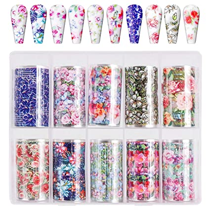 10 Roll Flower Nail Foil Transfer Stickers - Holographic Flower Self Adhesive Acrylic Art Fingernail Toenail Decoration Stickers Decals(Flower)