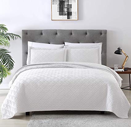 EXQ Home Quilt Set King Size White 3 Piece,Lightweight Hypoallergenic Microfiber Coverlet Modern Style Squares Pattern Bedspread Set