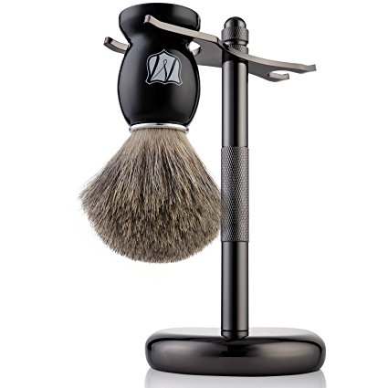 Miusco 100% Pure Badger Hair Shaving Brush and Luxury Stand Shaving Set, Dark Chrome Stand, Black Brush