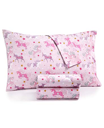 Kids Zone Ornate Pink Unicorn Sheets with Gold and White Star Print Purple and Magenta on Light Pink (Full)