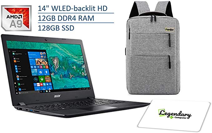 2020 Acer Aspire 3 14 Inch Premium Laptop, AMD Dual Core A9-9420e, AMD Radeon R5, 12GB DDR4 RAM, 128GB SSD, Windows 10 S, W/ Legendary Computer Backpack & Mouse Pad Bundle