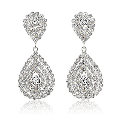 Miraculous Garden Womens Silver Plated Crystal Rhinestone Wedding Hypoallergenic Pierced Drop Earrings Dangle Earrings (Silver Plated White Crystal)