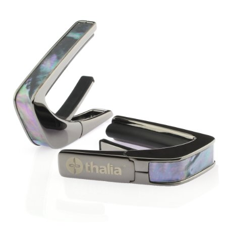 Thalia Capos 200 Series Professional Guitar Capo w/ 14 Interchangeable Fret Pads - For Acoustic, Classical, & Electric Guitars - Black Chrome Plated Finish with Silver Lip Conch Inlay