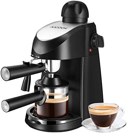 Aicook Espresso Machine, 3.5 Bar 4 Cup Espresso and Cappuccino Coffee Maker, 2 in 1 Semi-Automatic Coffee Machine with Milk Frother, Stainless Steel Espresso Maker with Steamer