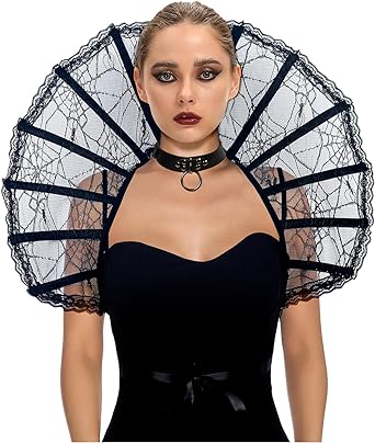 L'VOW Gothic Queen Neck Wrap Black Mesh Boned Collar with Feather Shoulder Shrug Medieval Vintage Halloween Costume