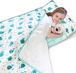 Toddler Nap Mat with Removable Pillow and Blanket, Portable Nap Mats for Preschool Kindergarten Daycare Roll up Sleeping Bag for Kids Quilted Nap Mat, Super Soft & Cozy, Whale