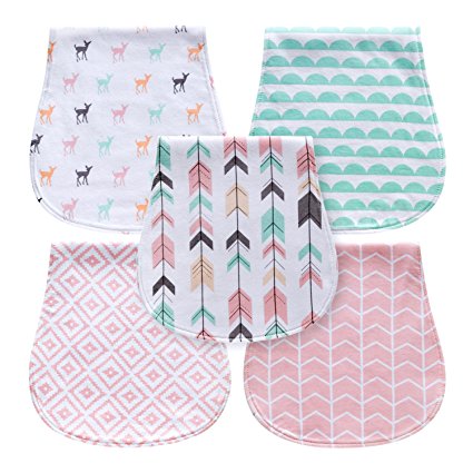 5-Pack Baby Burp Cloths for Girls, Triple Layer, 100% Organic Cotton, Soft and Absorbent Towels, Burping Rags for Newborns Baby Shower Gift Set by MiiYoung (Woodland)