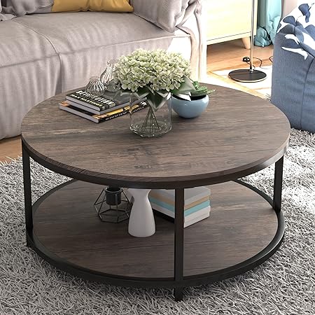 36” Wood Round Coffee Table, Industrial Wood Top & Sturdy Metal Legs for Living Room Modern Design Home Furniture with Storage Open Shelf (Light Walunt)