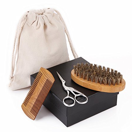Beard Grooming Kit for Men, Sandalwood Beard Comb, Boar Bristle Beard Brush and Hair Scissors, With Gift Box and Carrying Bag by WOWAX