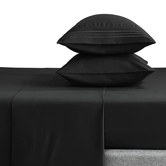 CozyLux King Bed Sheets Set 1800 Series 4-Piece Embroidered Double Brushed Microfiber Sheets 16" Deep Pocket Hotel Soft Luxury Bedding Sheet Set, Wrinkle Resistant, Black