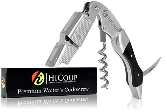 Waiters Corkscrew by HiCoup - Professional Stainless Steel with Ebony Wood Inlay All-in-one Corkscrew, Bottle Opener and Foil Cutter, the Favoured Wine Opener of Sommeliers, Waiters and Bartenders