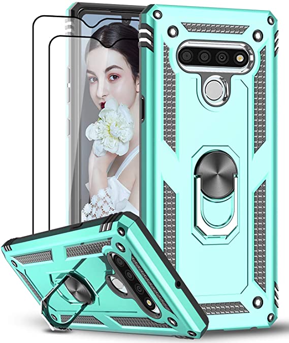 LeYi LG Stylo 6 Case, LG Stylo 6 Phone Case with [2 Pack] Tempered Glass Screen Protector, [Military-Grade] Armor Protective Phone Case with Magnetic Car Mount Ring Kickstand for LG Stylo 6, Mint